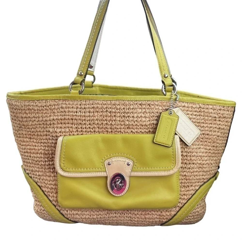 Coach vintage y2k 22904 green leather and wicker Raffia Straw Turnlock Tote Bag